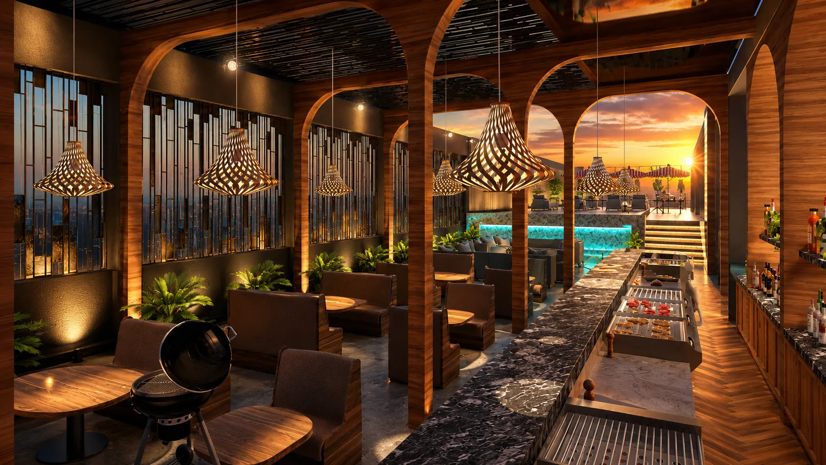 BIM Architects rooftop restaurant interior with arched openings at sunset